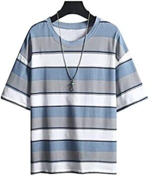 تي شيرت رجالي مخطط أنيق قصير الأكمام تي شيرت رجالي كاجوال عصري صيفي الشارع الهيب هوب فضفاض قمم رياضية ذكر جديد (الحجم: L)