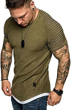 تي شيرت رجالي Ancoree بأكمام قصيرة ورقبة دائرية كاجوال سادة عضلات سادة قميص صيفي أساسي جديد (اللون: أخضر، المقاس: L)