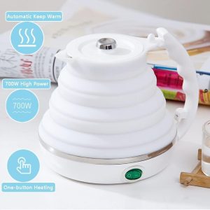 غلاية كهربائية محمولة قابلة للطي للسفر من السيليكون الامن غذائيا مع سلك طاقة منفصل مثالية للمشي لمسافات طويلة والتخييم والاماكن الداخلية، 0.6 لتر 110-220 فولت، ابيض