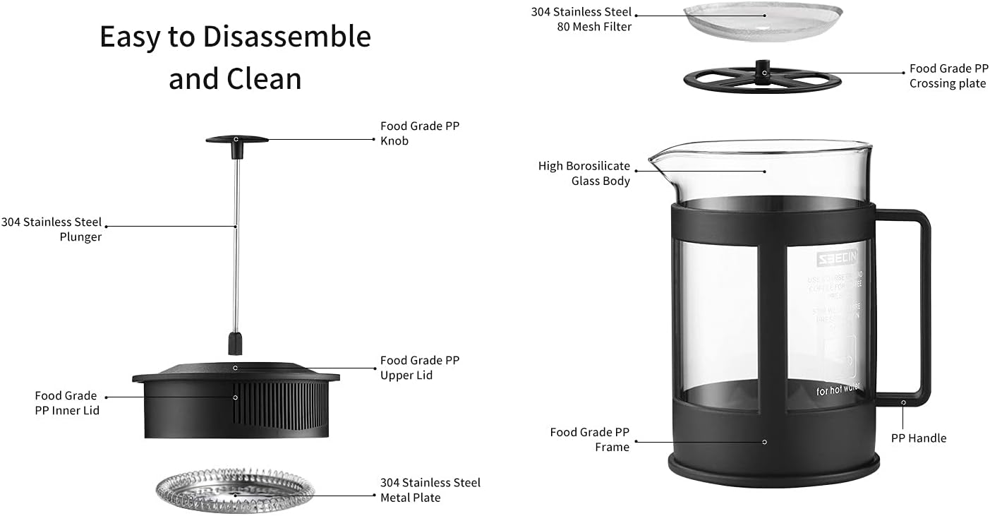 ضاغط قهوة فرنسية بسعة 800 مل، مصنوع من الزجاج البورسليكات عالي الجودة مع فلتر من الستانلس استيل، باللون الأسود 7 51fZjwhsr5S. AC SL1500