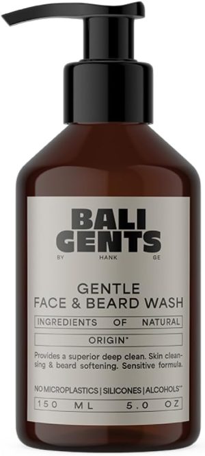 غسول الوجه واللحية للرجال من بالي جينتس - منظف اللحية والوجه للرجال - تنظيف خفيف بزيت الارجان والجوجوبا - جل غسيل لطيف للعناية باللحية - نباتي - 150 مل