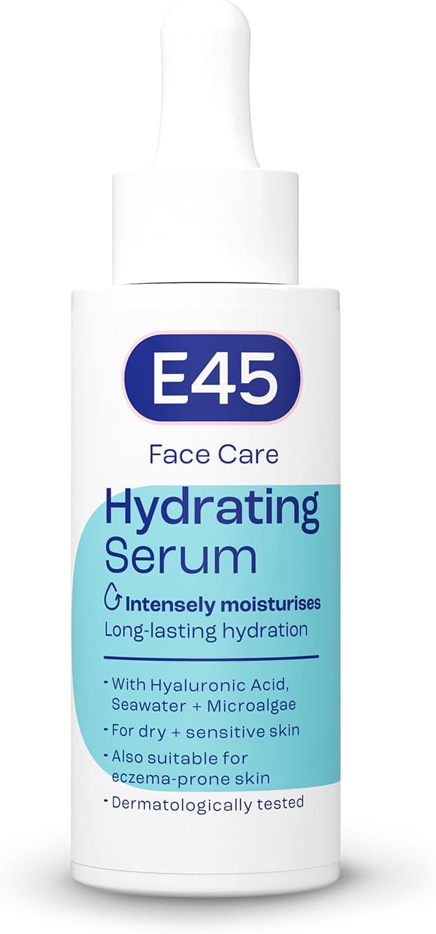 اي 45 سيروم مرطب للوجه - تركيبة حمض الهيالورونيك الفورية لمدة 48 ساعة للبشرة الجافة والحساسة والمعرضة للاكزيما - سيروم مرطب ومنشط - خال من العطور - تم اختباره من قبل اطباء الجلد - 30 مل