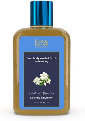 مقشر بلو نكتار مادوراي بالياسمين للوجه والجسم مع غسول للجسم لتفتيح البشرة وتنظيفها بعمق للتقشير ومكافحة السيلوليت وازالة السموم بالعسل 10 اعشاب 200 مل للجنسين 200.0 غرام