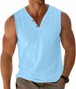 بلايز أساسية بدون أكمام، تيشيرتات بياقة هنلي، قمصان قطنية كاجوال خفيفة الوزن قابلة للتمدد وناعمة للرجال
