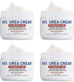 OUKEYA Urea Cream 42% plus Salicylic Acid 2% Net 5.29 Oz for Dry Cracked Feet,Heels,Knees,Elbows,Hands Repair Treatment Moisturizes and Removes Corns,Calluses,Dead Skin,and Softens Toenails Pack of 4