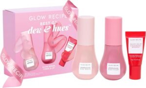 مستحضرات العناية بالبشرة ووترميلون جلو، أفضل ما في مجموعة ديويز اند هيوز، قطرات ندى النياسيناميد بالحجم الكامل، بلش بطيخ لامع بحجم كامل وبلسم علاج شفاه زجاجي كامل الحجم من جلو ريسيبي، 3 قطع