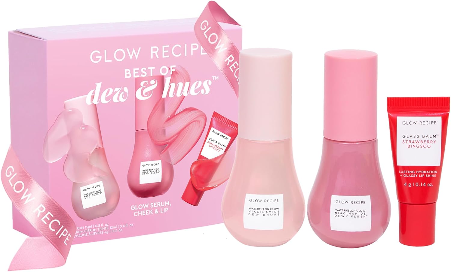 مستحضرات العناية بالبشرة ووترميلون جلو، أفضل ما في مجموعة ديويز اند هيوز، قطرات ندى النياسيناميد بالحجم الكامل، بلش بطيخ لامع بحجم كامل وبلسم علاج شفاه زجاجي كامل الحجم من جلو ريسيبي، 3 قطع