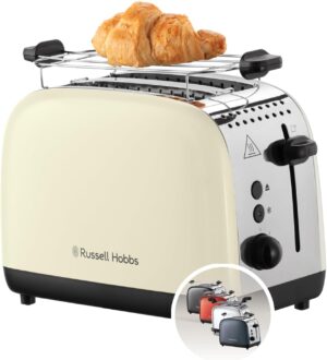محمصة خبز لشريحتين كولور بلس كريم من الستانلس ستيل من راسل هوبز (فتحات عريضة جدًا، 6 مستويات من الاحتراق السريع، الرفع والتحكم، الذوبان، والتدفئة، 1600 واط)، محمصة خبز 26551-56