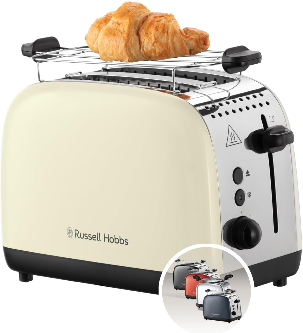 محمصة خبز لشريحتين كولور بلس كريم من الستانلس ستيل من راسل هوبز (فتحات عريضة جدًا، 6 مستويات من الاحتراق السريع، الرفع والتحكم، الذوبان، والتدفئة، 1600 واط)، محمصة خبز 26551-56