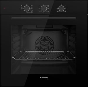 فرن كهربائي مدمج من ستار واي، مزود بـ 7 برامج، وسعة 72 لتر، مقاس 60×60 سم، بلوحة سوداء، ومؤقت تشغيل، ومروحة تبريد، وشواية، وتسخين علوي وسفلي