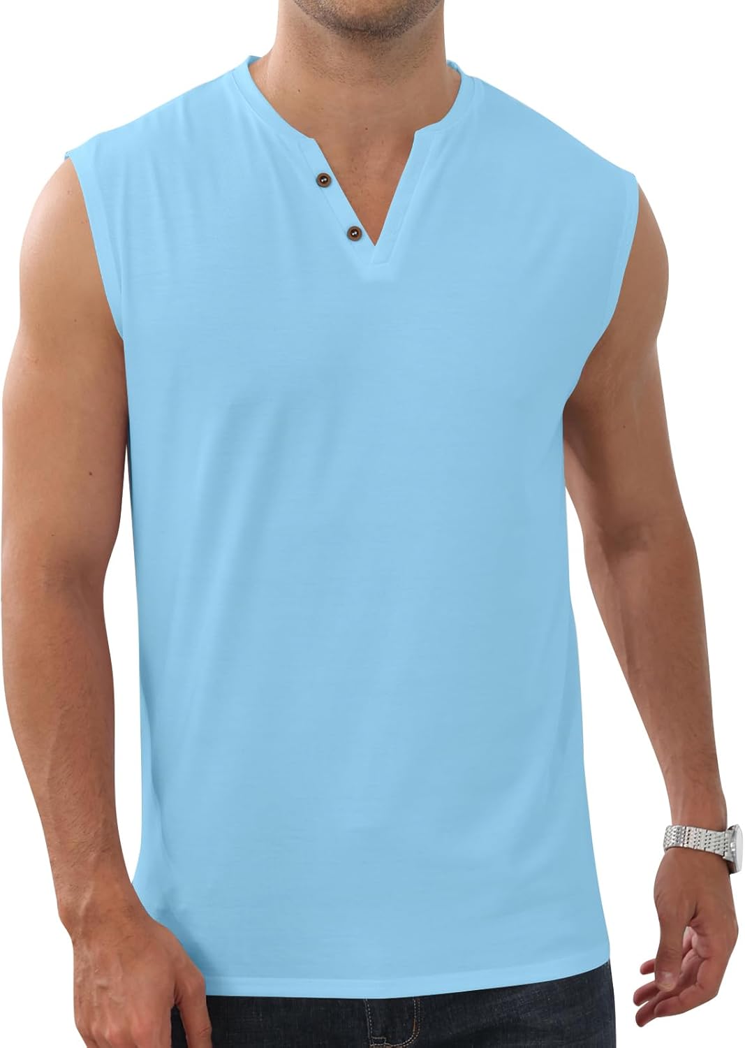 بلايز أساسية بدون أكمام، تيشيرتات بياقة هنلي، قمصان قطنية كاجوال خفيفة الوزن قابلة للتمدد وناعمة للرجال 4 بلايز أساسية بدون أكمام، تيشيرتات بياقة هنلي، قمصان قطنية كاجوال خفيفة الوزن قابلة للتمدد وناعمة للرجال - الصورة 4