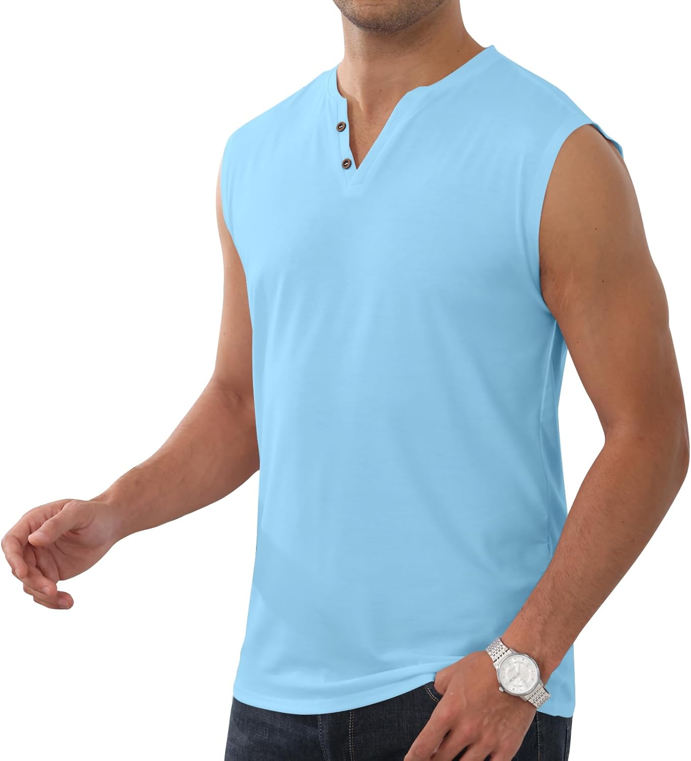 بلايز أساسية بدون أكمام، تيشيرتات بياقة هنلي، قمصان قطنية كاجوال خفيفة الوزن قابلة للتمدد وناعمة للرجال 3 بلايز أساسية بدون أكمام، تيشيرتات بياقة هنلي، قمصان قطنية كاجوال خفيفة الوزن قابلة للتمدد وناعمة للرجال - الصورة 3