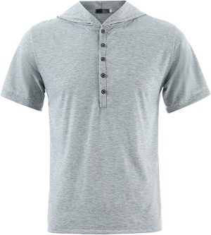 تي شيرت رجالي من القطن بقلنسوة مطبوع عليه HOT BODY تي شيرت صيفي رمادي أبيض بأكمام قصيرة ورقبة ضيقة (مقاس : L)