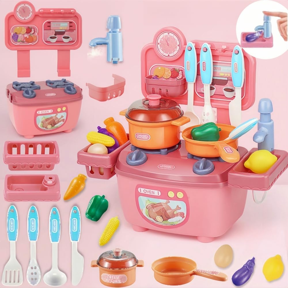 مجموعة ألعاب تظاهرية للمطبخ من روبفرينتي، مجموعة من 20 قطعة، ألعاب مطبخ صغيرة للأطفال، مجموعة طبخ محاكاة مع صنبور قابل للخرسان، مع أدوات مطبخ ونموذج فاكهة للبنات والأولاد (بينك)