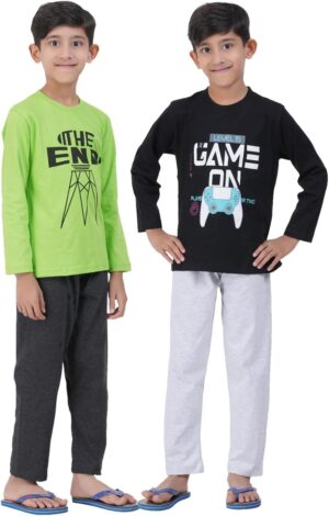 T2F Boy's Cotton Graphic Pajama Set Pack of 2 (BYS-PJS-02_Multicolor 1_7-8 Years)