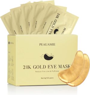 بيوامي رقع تحت العين (30 زوجًا) قناع عين ذهبي عيار 24 قيراط ورقعة عين بحمض الهيالورونيك واقنعة عين وردية للهالات السوداء والانتفاخات وعلاج التجاعيد (24 قيراط ذهبي)
