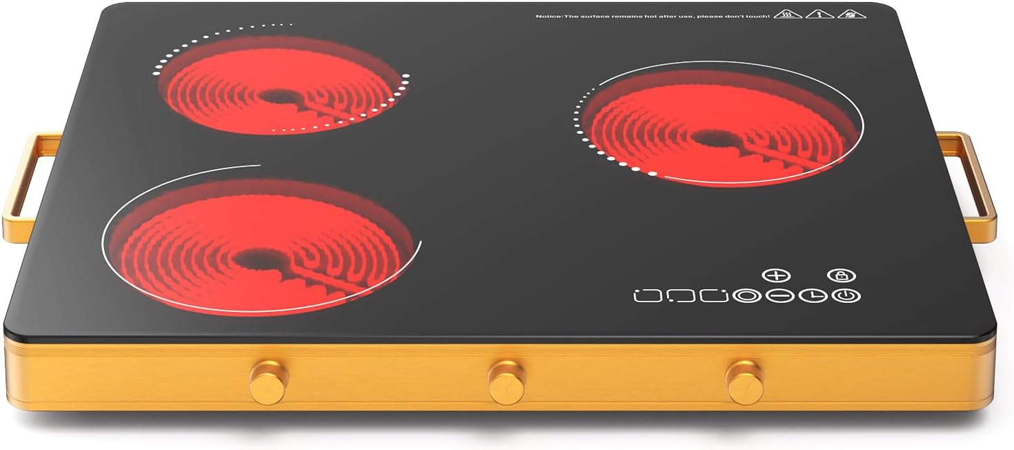 بوتاجاز كهربائي 3 شعلات من في بي جي كيه، سطح الموقد الكهربائي 5200 واط مع مؤقت، قفل امان للاطفال، حماية من درجة الحرارة الزائدة، 9 اعدادات للطاقة، 220-240 فولت، بدون قابس وسلك صلب
