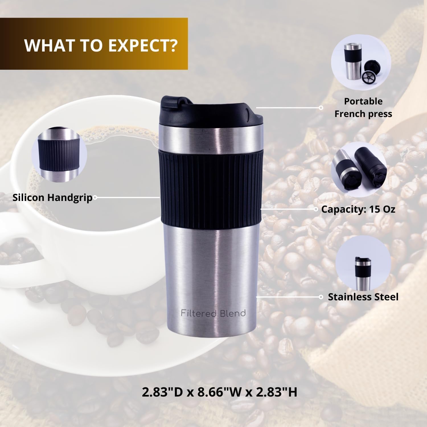 كوب قهوة 2 في 1 بمكبس فرنسي من الفولاذ المقاوم للصدأ مع جدار مزدوج يجمع بين وظيفة صنع القهوة والسفر مزود بغطاء محكم ضد التسرب وخالي من مادة BPA من تزويق، 473 مل 4 كوب قهوة 2 في 1 بمكبس فرنسي من الفولاذ المقاوم للصدأ مع جدار مزدوج يجمع بين وظيفة صنع القهوة والسفر مزود بغطاء محكم ضد التسرب وخالي من مادة BPA من تزويق، 473 مل - الصورة 4