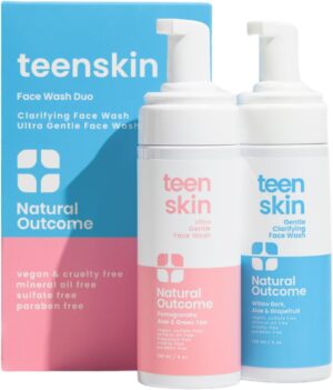 ناتشورال اوتكوم غسول وجه مزدوج للبشرة المراهقة | غسول وجه يومي لطيف للاولاد والبنات | مكونات غير سامة | مثالي للمراهقين في مرحلة ما قبل المراهقة والاطفال الذين يتطلعون إلى منع حب الشباب | زجاجتين سعة