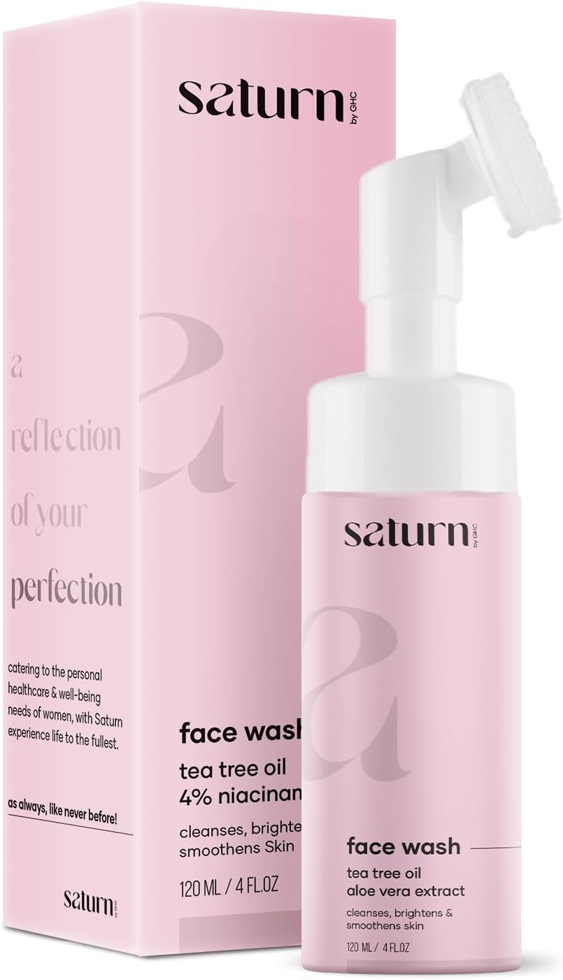 غسول وجه رغوي ساتورن بخلاصة الالوفيرا وشجرة الشاي من جي اتش سي 120 مل مع فرشاة مدمجة للتنظيف العميق البثور والتحكم في الزيوت وازالة الرؤوس السوداء عبوة قطعة واحدة باي، من ساتورن باي جي اتش سي