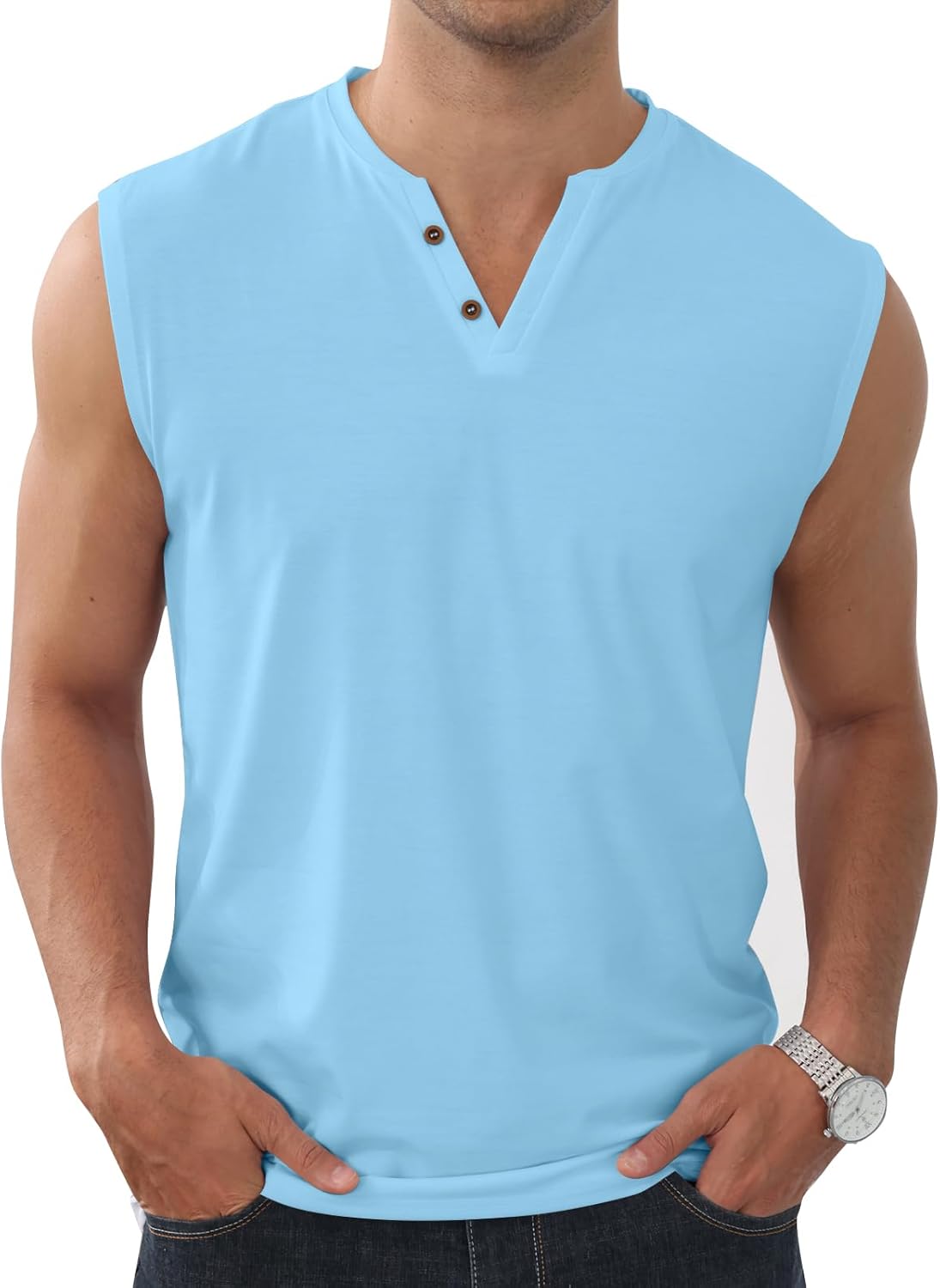 بلايز أساسية بدون أكمام، تيشيرتات بياقة هنلي، قمصان قطنية كاجوال خفيفة الوزن قابلة للتمدد وناعمة للرجال 2 بلايز أساسية بدون أكمام، تيشيرتات بياقة هنلي، قمصان قطنية كاجوال خفيفة الوزن قابلة للتمدد وناعمة للرجال - الصورة 2