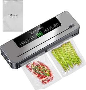 الة اغلاق بتفريغ الهواء 5 في 1 من جوزوتو، الة غلق الطعام بتفريغ الهواء مع اداة تقطيع مدمجة ونظام اغلاق هواء اوتوماتيكي بشاشة لمس ذكية لتخزين الطعام الجاف والرطب مع مجموعة من 30 كيس اغلاق