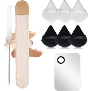 ملعقة سباتولا للمكياج من ميكنج تيك كورية مجموعة ملاعق مكياج الستانلس ستيل ومجموعة باليت احترافية للوجه 6 اسفنجة بودرة + 1 مسطحة + لوحة مستطيلة