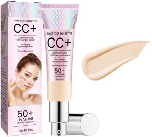 كريم اساس سي سي، كريم سي سي لضبط لون البشرة، مصحح اللون، كريم اساس بتغطية كاملة بعامل حماية من الشمس 50+، كونسيلر مرطب، كريم العناية بالبشرة مع فيتامينات B5 وE (30 غرام) (فاتح)، كل الأنواع