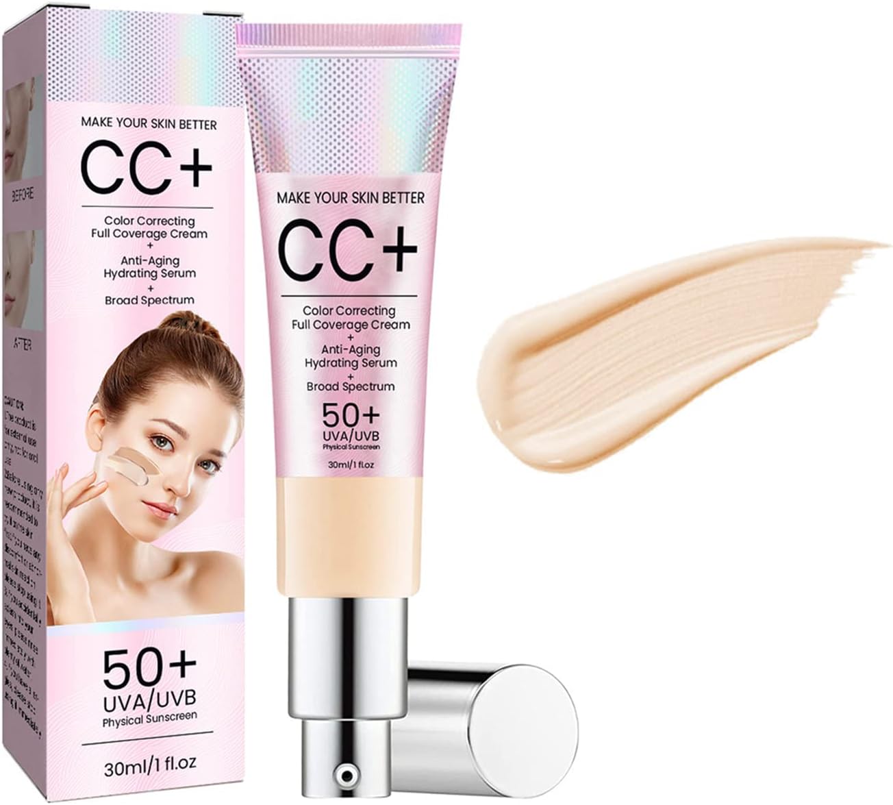 كريم اساس سي سي، كريم سي سي لضبط لون البشرة، مصحح اللون، كريم اساس بتغطية كاملة بعامل حماية من الشمس 50+، كونسيلر مرطب، كريم العناية بالبشرة مع فيتامينات B5 وE (30 غرام) (فاتح)، كل الأنواع