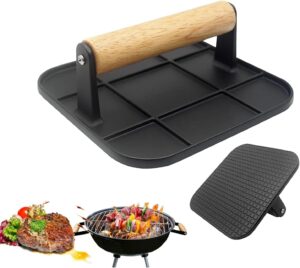 مكبس برجر مربع 6.3 انش بمقبض خشبي مقاوم للحرارة من تزويق لحم مقدد للحوم والشواية والساندويتشات وشرائح اللحم لمقلاة الشواء المسطحة