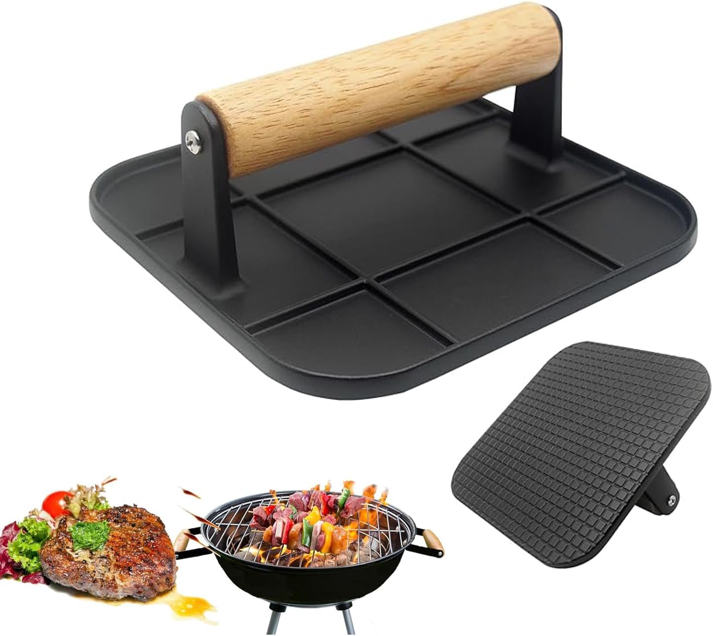 مكبس برجر مربع 6.3 انش بمقبض خشبي مقاوم للحرارة من تزويق لحم مقدد للحوم والشواية والساندويتشات وشرائح اللحم لمقلاة الشواء المسطحة