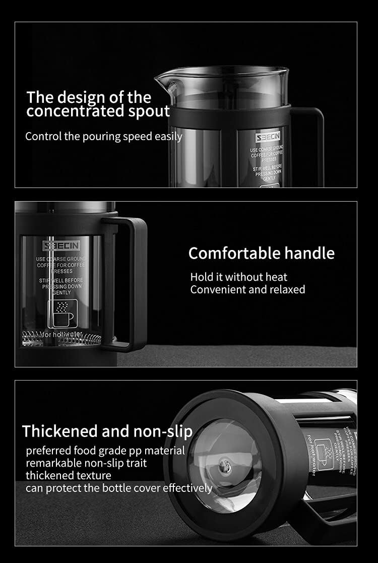 ضاغط قهوة فرنسية بسعة 800 مل، مصنوع من الزجاج البورسليكات عالي الجودة مع فلتر من الستانلس استيل، باللون الأسود 6 61qMo5L+Q1S. AC SL1117