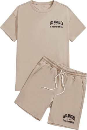 بدلة رياضية مكونة من تيشيرت برسومات حروف وشورت برباط للرجال من جورجليتر