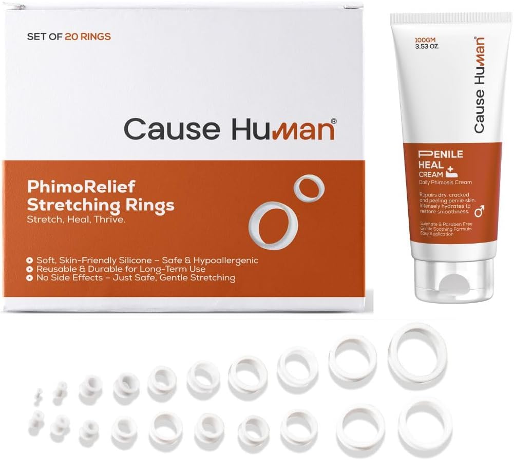 مجموعة فيموريليف - حلقات تمدد فيموسيس (20 مقاس) + كريم علاج القضيب (30 غرام) | لطيف وآمن، تمدد تدريجي للرجال