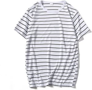 تي شيرت Ancoree مخطط تي شيرت رجالي كاجوال قصير الأكمام تي شيرت أسود أبيض برقبة دائرية للرجال (اللون: أبيض، المقاس: XL)