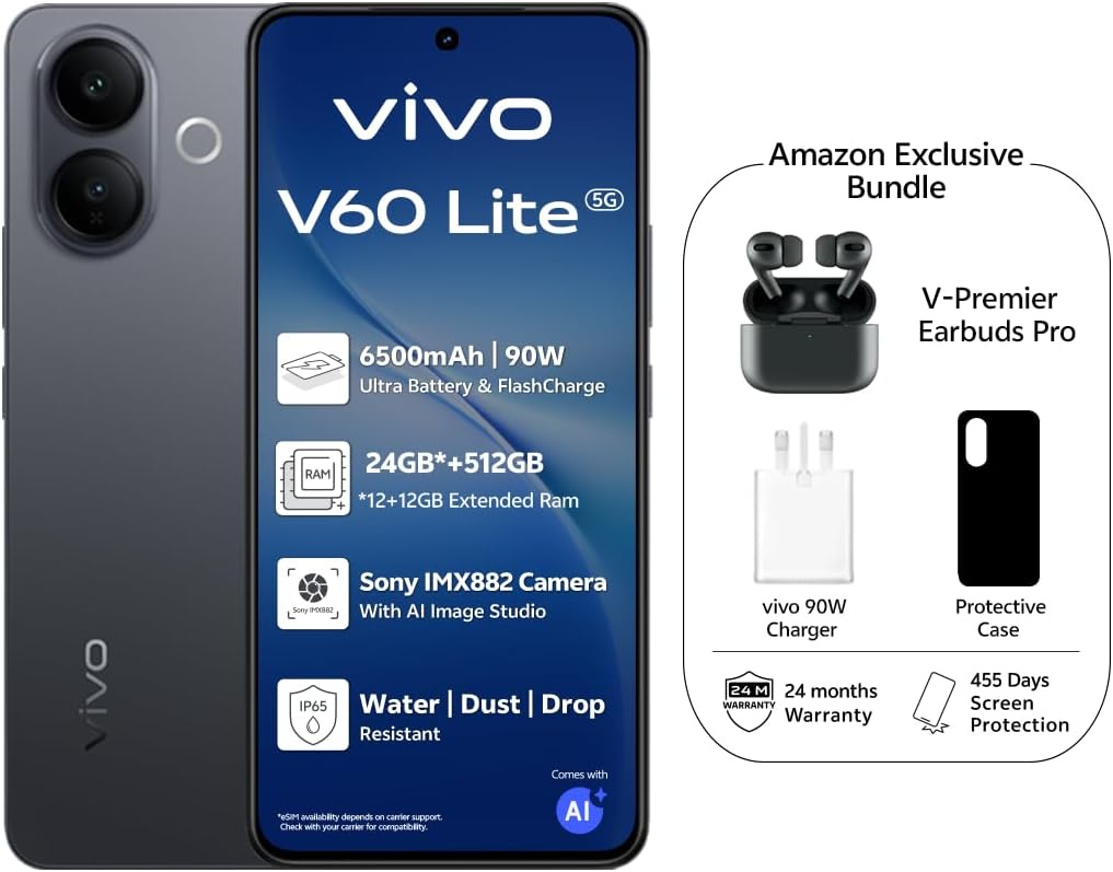 vivo V60 Lite 5G (Elegant Black, 12GB RAM, 512GB) | 120Hz AMOLED Display | 32MP Selfie Camera | 6500mAH | IP65 | V-Premier Earbuds Pro, 24M Warranty, 455Days Screen Replacement – Middle East Version 2 vivo V60 Lite 5G (Elegant Black, 12GB RAM, 512GB) | 120Hz AMOLED Display | 32MP Selfie Camera | 6500mAH | IP65 | V-Premier Earbuds Pro, 24M Warranty, 455Days Screen Replacement – Middle East Version - الصورة 2
