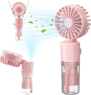 مروحة محمولة يدوية مع رذاذ ماء، بطارية قابلة لإعادة الشحن بسعة 1500 مللي أمبير، تصميم صغير بأربع سرعات للرقبة والمكتب، زجاجة ماء 55 مل، تعمل بالبطارية، للمكتب والأماكن الخارجية والسفر والتخييم، زهري