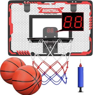 طوق كرة سلة داخلي للاطفال والكبار مع كرتين ولوحة نتائج الكترونية، مجموعة لوح كرة سلة يثبت على الحائط للاطفال والاولاد والمراهقين لغرفة النوم والمكتب وحمام السباحة الخارجي