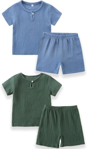 طقم صيفي يتكون من تيشيرت نصف كم وشورت مصنوع من قطن 100% مناسب للأولاد والبنات من عمر 1 إلى 4 سنوات من زوني، عبوة من 2 طقم