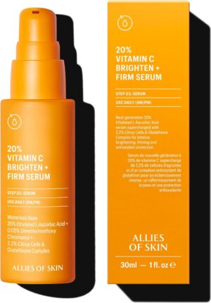 حليفون للبشرة 20% فيتامين سي برايتين + سيروم ثابت: 20% حمض الاسكوربيك الايثيلي + مركب مستخلص البرتقال مع الجلوتاثيون. لا ماء ومضاد للأكسدة. ثبات مكثف. للبشرة الناعمة والمرنة، 1 اونصة، كل الأنواع