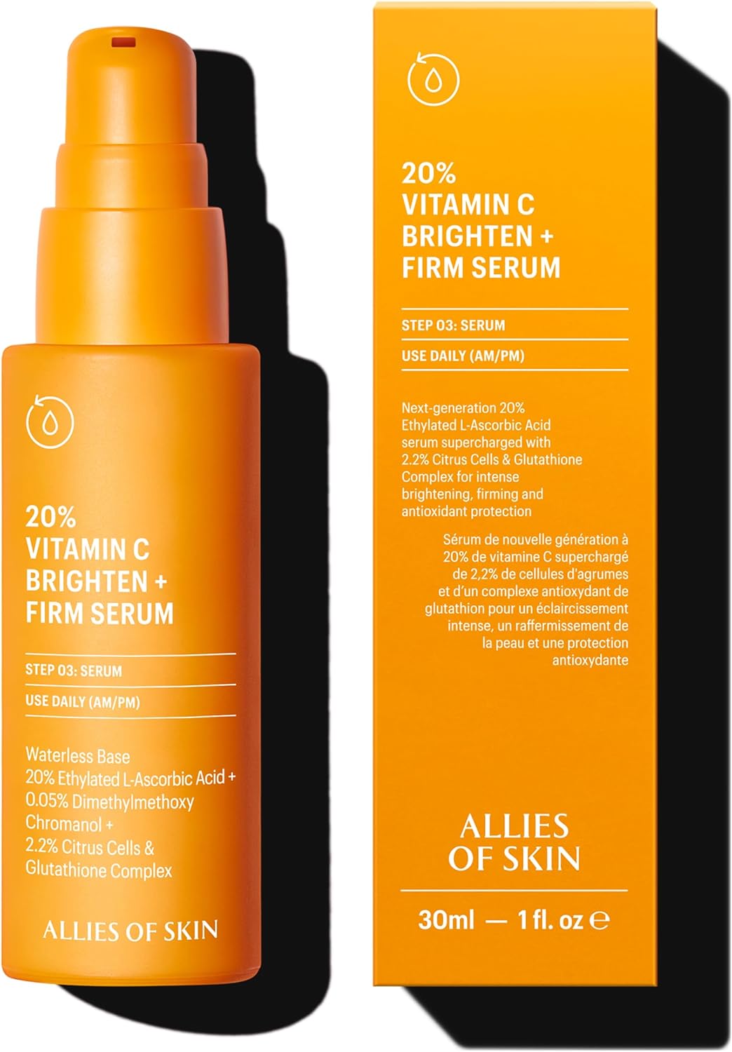 حليفون للبشرة 20% فيتامين سي برايتين + سيروم ثابت: 20% حمض الاسكوربيك الايثيلي + مركب مستخلص البرتقال مع الجلوتاثيون. لا ماء ومضاد للأكسدة. ثبات مكثف. للبشرة الناعمة والمرنة، 1 اونصة، كل الأنواع