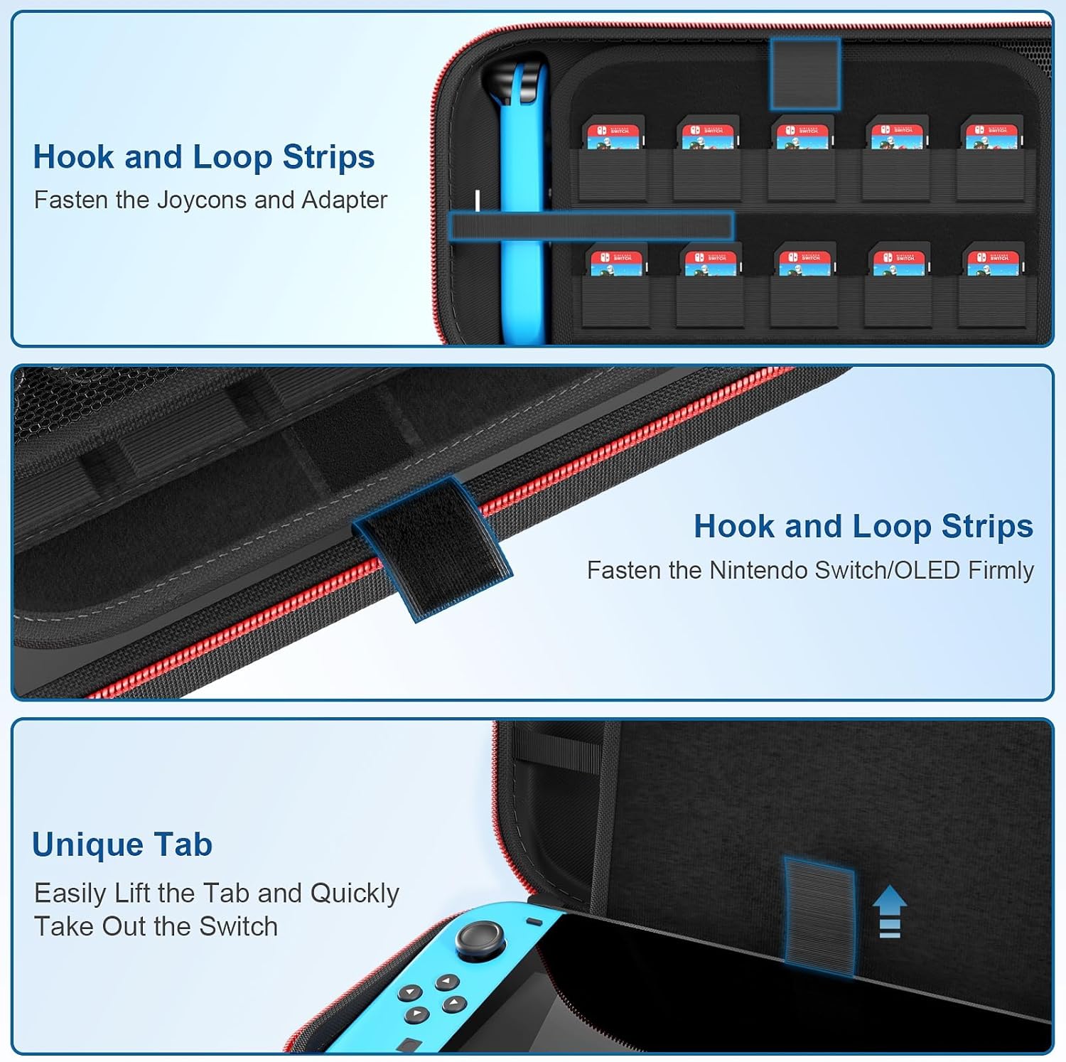 ALMEKAQUZ Carrying Case Compatible with Nintendo Switch/OLED,Compatible with Joycon and AC Adapter,Portable Compact Storage Box,Carrying Travel Bag for Accessories Holds,20 Game Cartridge(Black) 3 ALMEKAQUZ Carrying Case Compatible with Nintendo Switch/OLED,Compatible with Joycon and AC Adapter,Portable Compact Storage Box,Carrying Travel Bag for Accessories Holds,20 Game Cartridge(Black) - الصورة 3