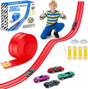 Soofam 15Ft Flex Track, Flexible Race Car Track for Kids Toy with 4 Toy Cars, Rolls Up Portable Racetrack Compatible with Hot Wheels & Diecast 1/64th Cars, Christmas Birthday Gifts for Boys
