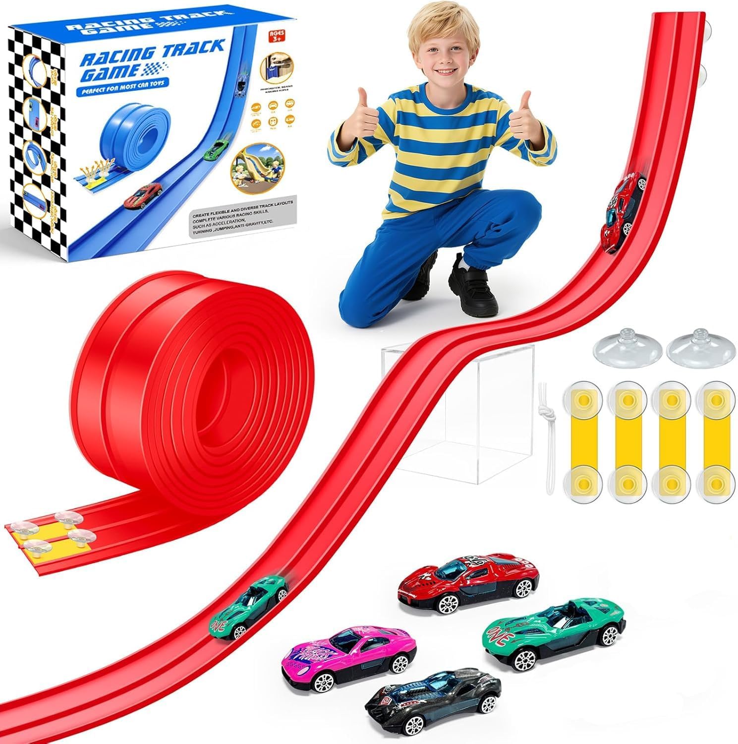 Soofam 15Ft Flex Track, Flexible Race Car Track for Kids Toy with 4 Toy Cars, Rolls Up Portable Racetrack Compatible with Hot Wheels & Diecast 1/64th Cars, Christmas Birthday Gifts for Boys