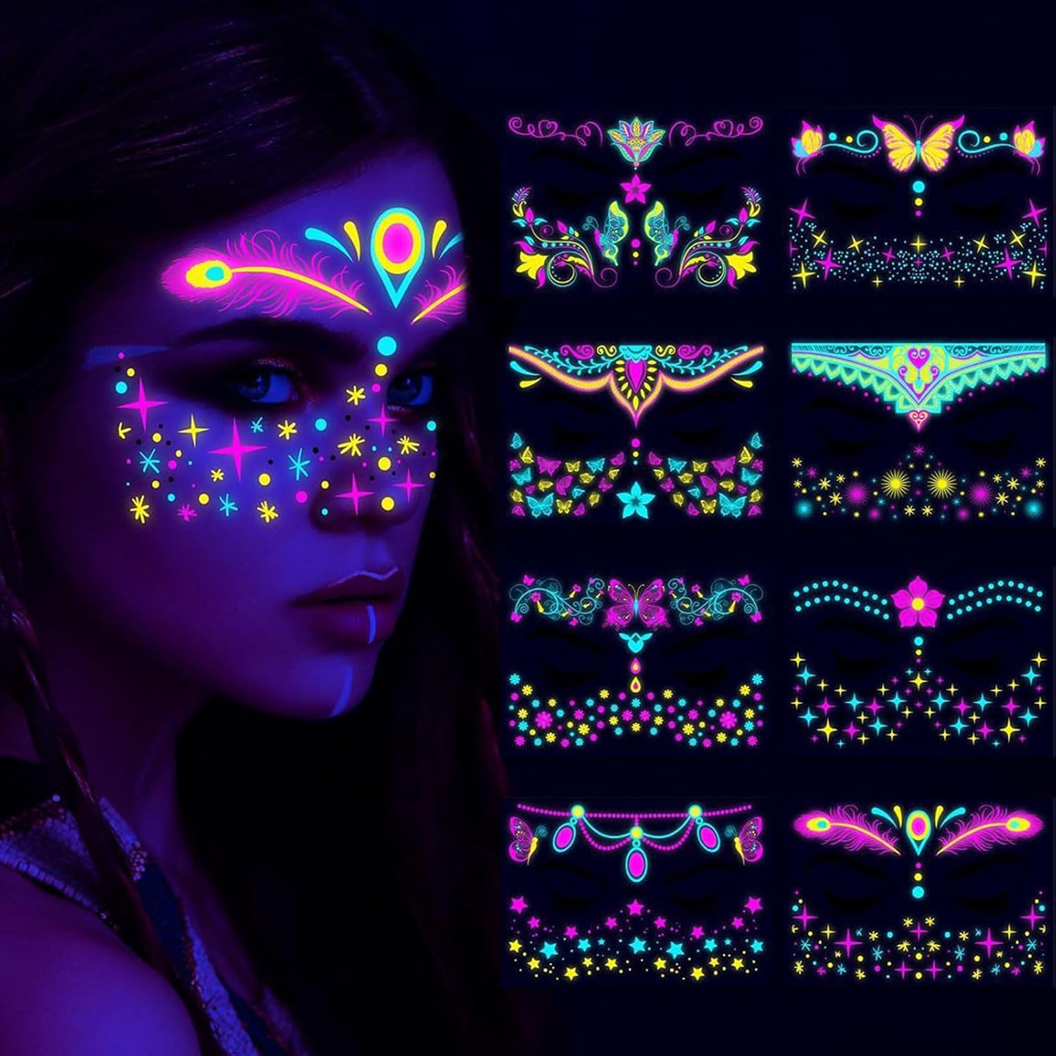 ملصقات تاتو وجه مضيئة من اداندو، تاتو مؤقت للوجه يتوهج في الظلام، ملصقات تاتو وهمية فلاش، ملصقات تاتو مقاومة للماء لمكياج المهرجانات (FA009-016)