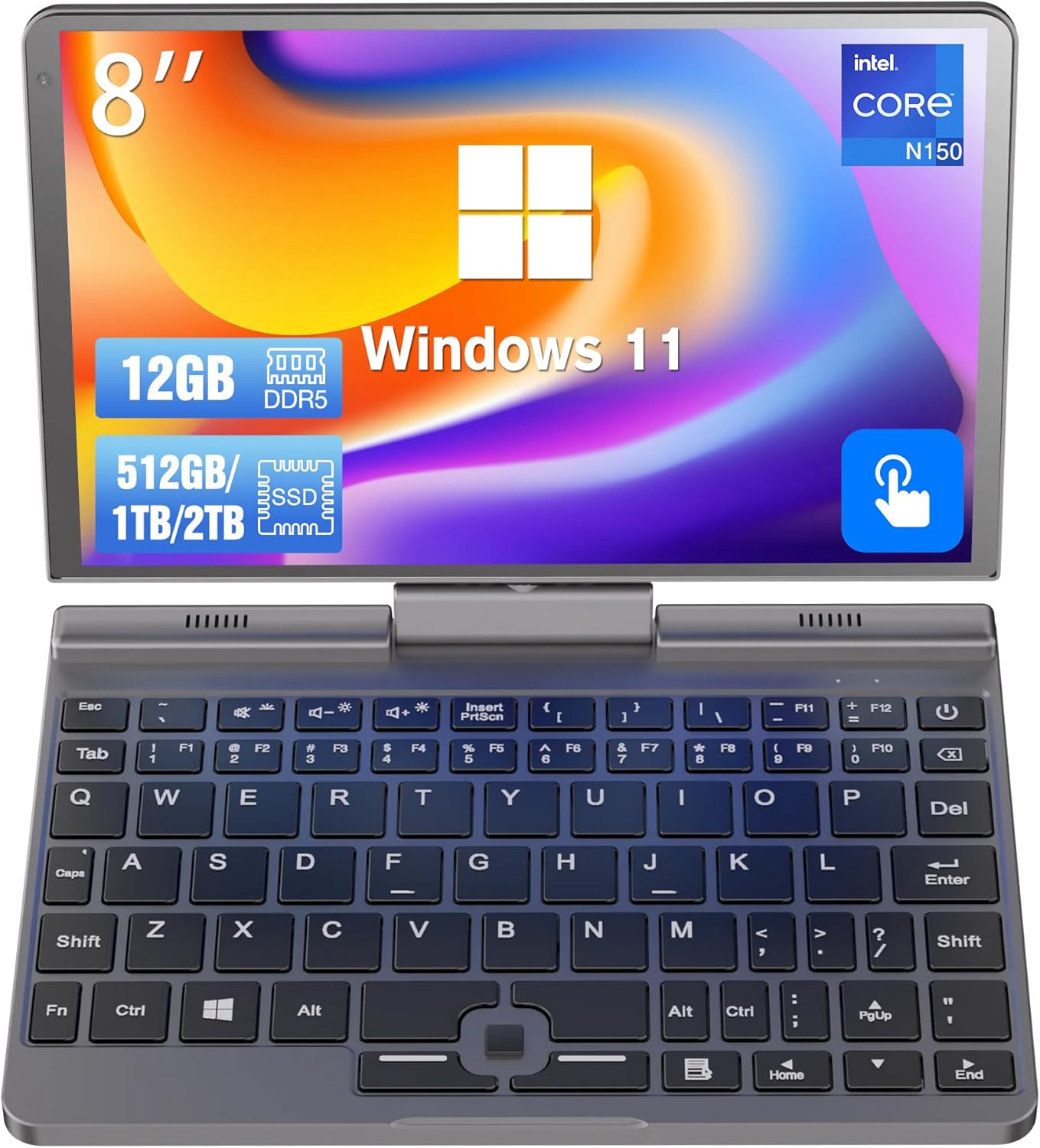 لابتوب محمول صغير 8 بوصة N150 شاشة لمس تابلت لابتوب 2 في 1 محمول بحجم جيب صغير نظام ويندوز 11 برو رام 12 جيجا وSSD سعة 1 تيرا جيجابت/واي فاي 6/بلوتوث 5.2/كاميرا 2 ميجابكسل/مستشعر G/HDMI/PD شحن 30 واط