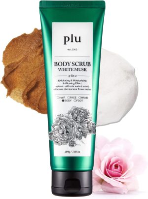 جل مقسر للجسم بخلاصة المسك الابيض الاصلي من بي ال يو، للتقشير والترطيب واللمعان، لحب الشباب والسيلوليت وعلامات تمدد الجلد والاوردة العنكبوتية، برائحة المسك الناعمة، 6.76 اونصة