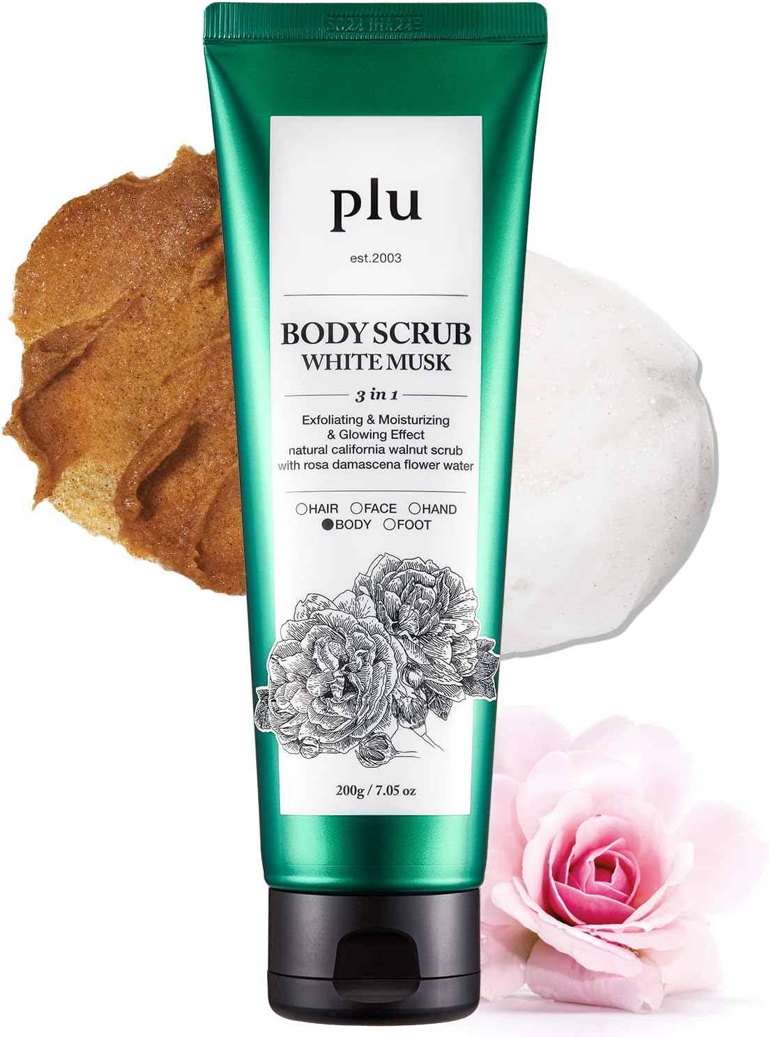 جل مقسر للجسم بخلاصة المسك الابيض الاصلي من بي ال يو، للتقشير والترطيب واللمعان، لحب الشباب والسيلوليت وعلامات تمدد الجلد والاوردة العنكبوتية، برائحة المسك الناعمة، 6.76 اونصة