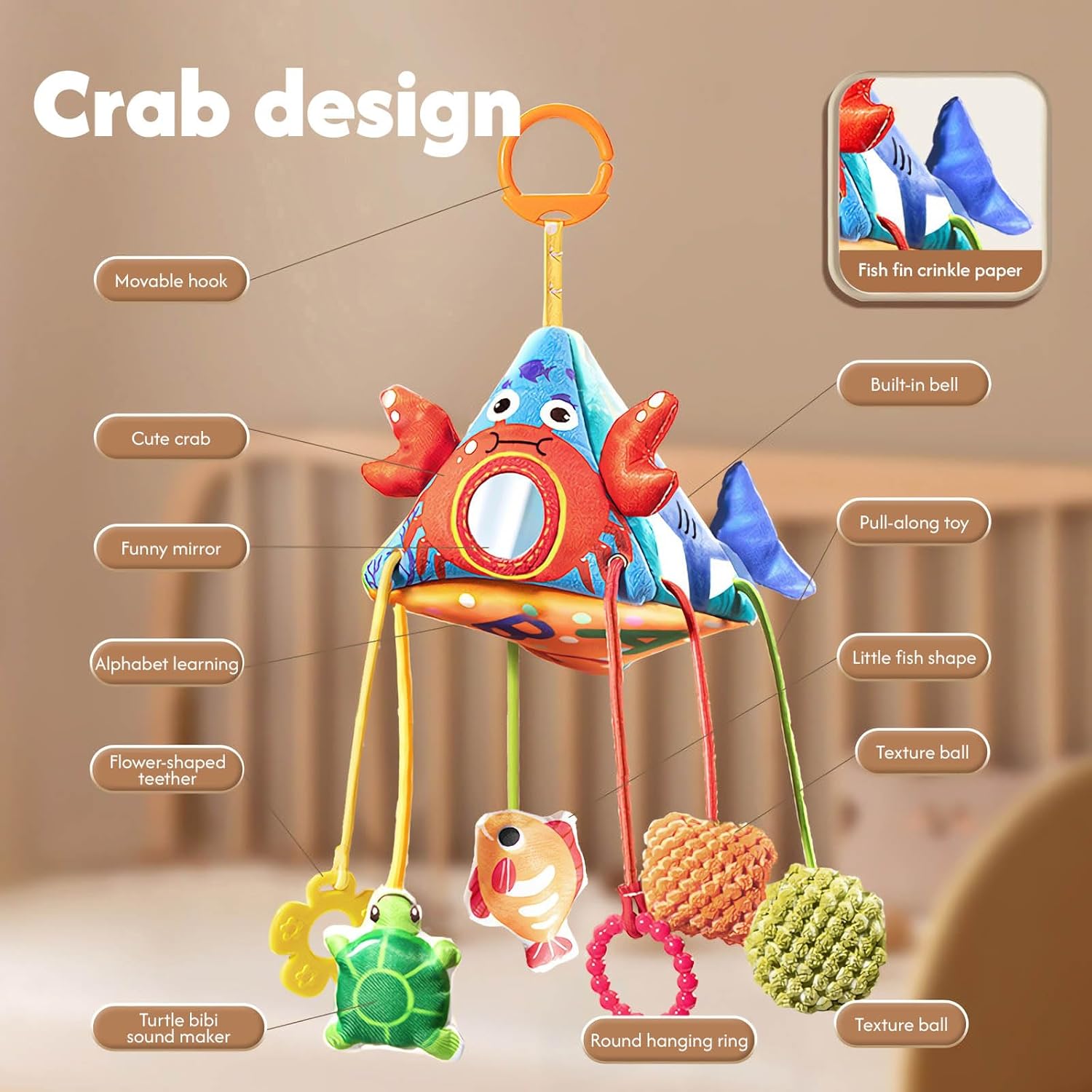 لعبة عربة اطفال لطيفة متعددة الوظائف على شكل سلطعون وفيل مع اصوات جرس خشخيشة مصنوعة من المخمل الناعم، العاب حسية معلقة لمقعد السيارة للاطفال من عمر 0-6 اشهر، هدية للاطفال للتدريب على الإمساك والتطوير