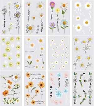 سيوسى تاتو مؤقت ثلاثي الابعاد بتصميم زهرة الاقحوان للنساء والفتيات، تاتو مزيف على شكل زهور لتزيين الجسم واليدين والرقبة والذراع والمعصم، 12 ورقة